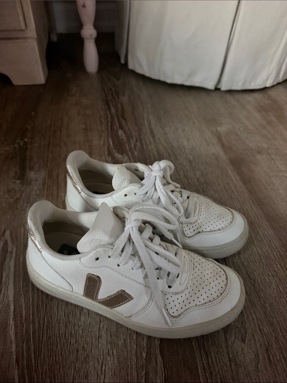Veja White Leather Sneakers with Metallic Beige V Accent